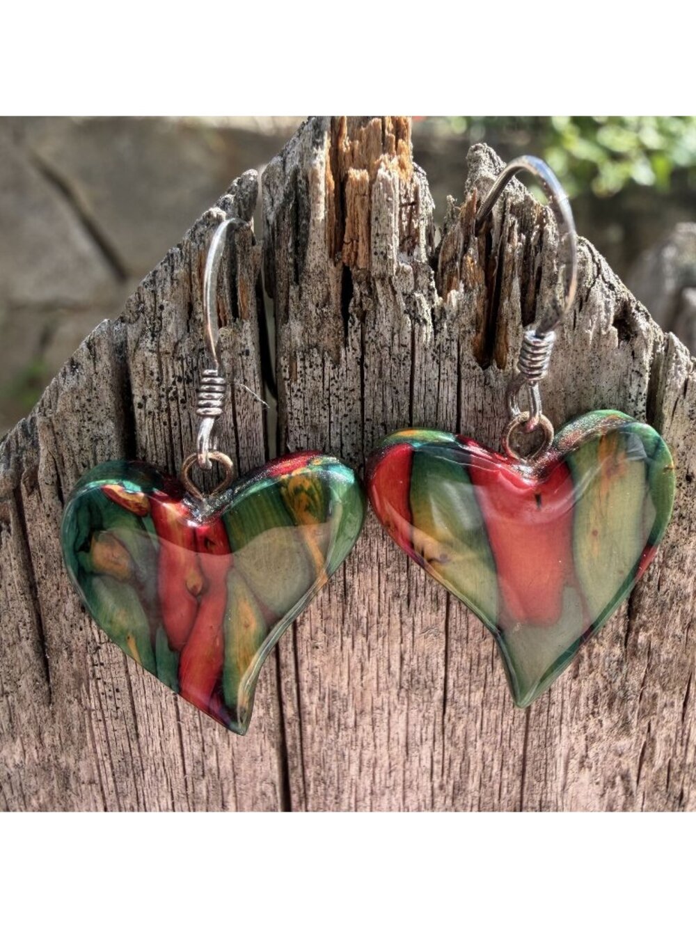 Colorful Dyed Burl Wood Heart Drop Earrings Handcrafted Bohemian Eco Friendly